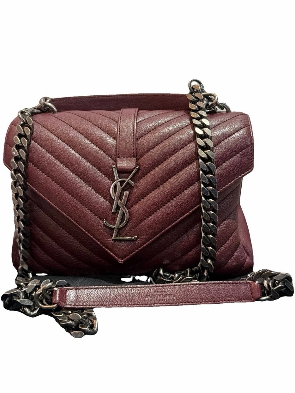 Authentic SAINT LAURENT Medium College crossbody bag, Burgundy Chevron Lambskin